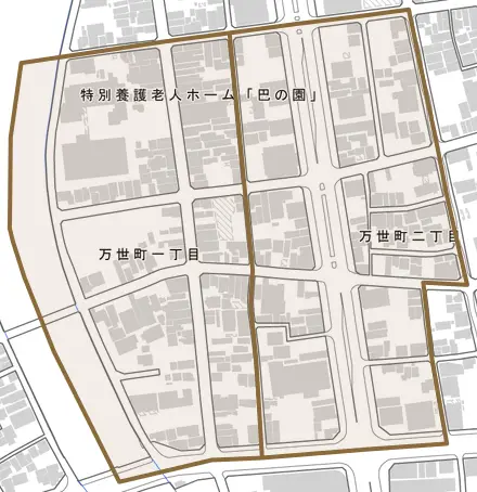 万世町とその周辺の地図。町の範囲を重ねている