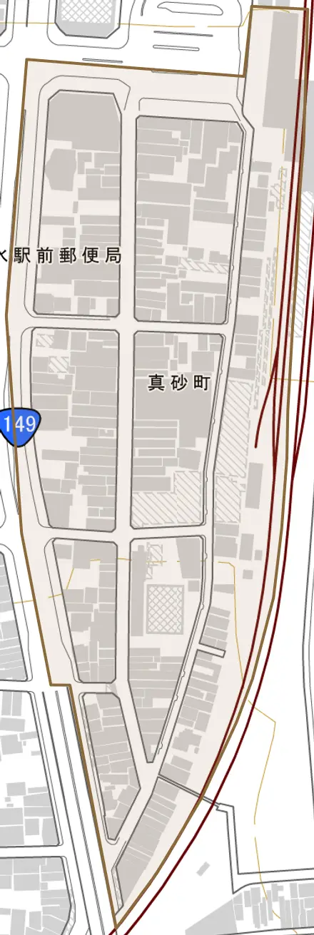 真砂町とその周辺の地図。町の範囲を重ねている