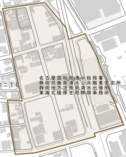 松原町とその周辺の地図。町の範囲を重ねている
