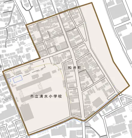 松井町とその周辺の地図。町の範囲を重ねている