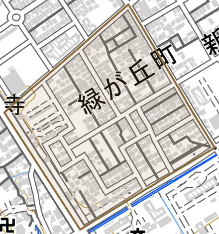 緑が丘町とその周辺の地図。町の範囲を重ねている