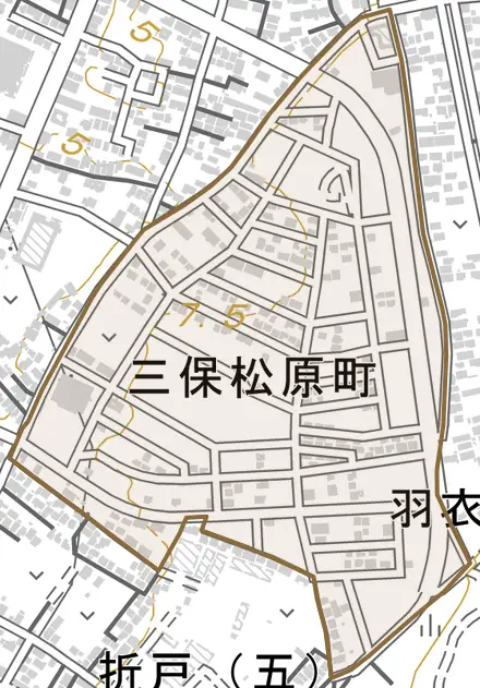 三保松原町とその周辺の地図。町の範囲を重ねている