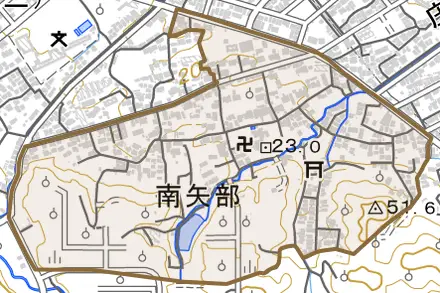 南矢部とその周辺の地図。町の範囲を重ねている