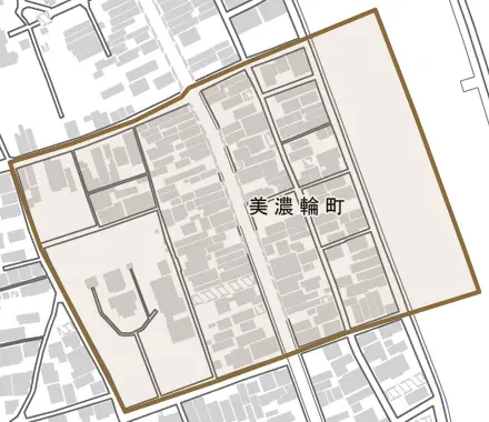 美濃輪町とその周辺の地図。町の範囲を重ねている