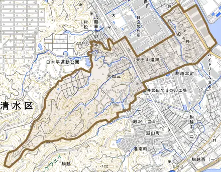 宮加三とその周辺の地図。町の範囲を重ねている