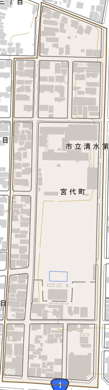 宮代町とその周辺の地図。町の範囲を重ねている