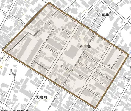 宮下町とその周辺の地図。町の範囲を重ねている