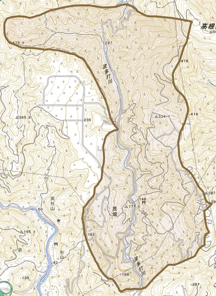 茂畑とその周辺の地図。町の範囲を重ねている
