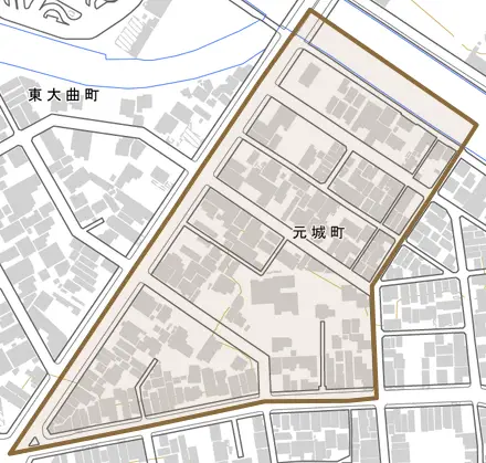 元城町とその周辺の地図。町の範囲を重ねている