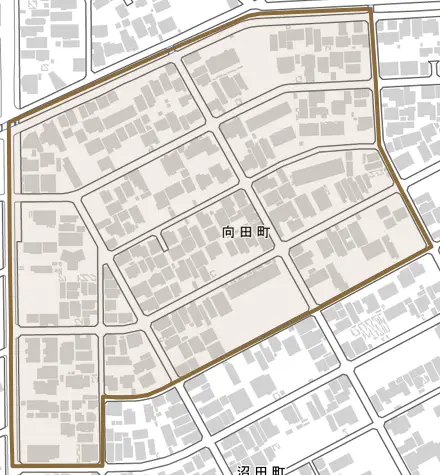 向田町とその周辺の地図。町の範囲を重ねている