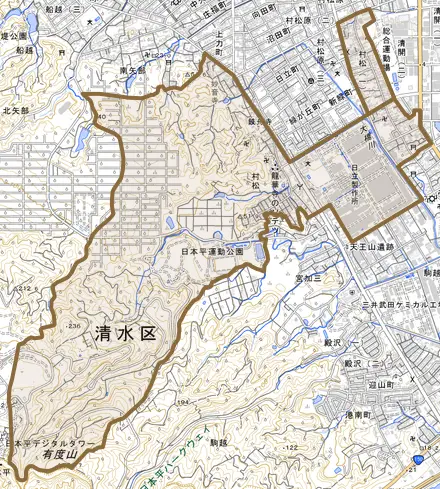 村松とその周辺の地図。町の範囲を重ねている