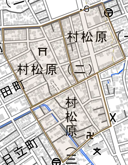 村松原とその周辺の地図。町の範囲を重ねている