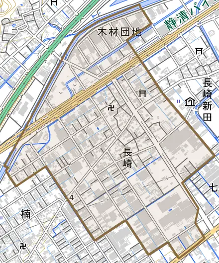 長崎とその周辺の地図。町の範囲を重ねている