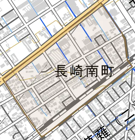 長崎南町とその周辺の地図。町の範囲を重ねている