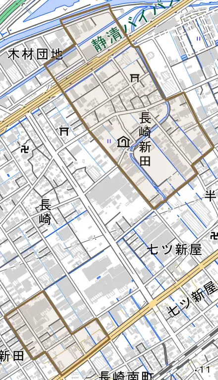 長崎新田とその周辺の地図。町の範囲を重ねている