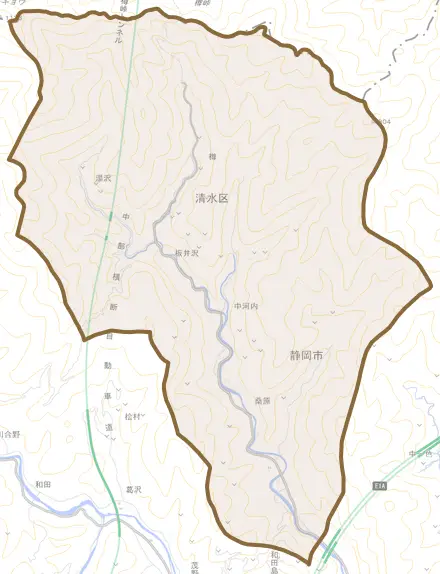 中河内とその周辺の地図。町の範囲を重ねている