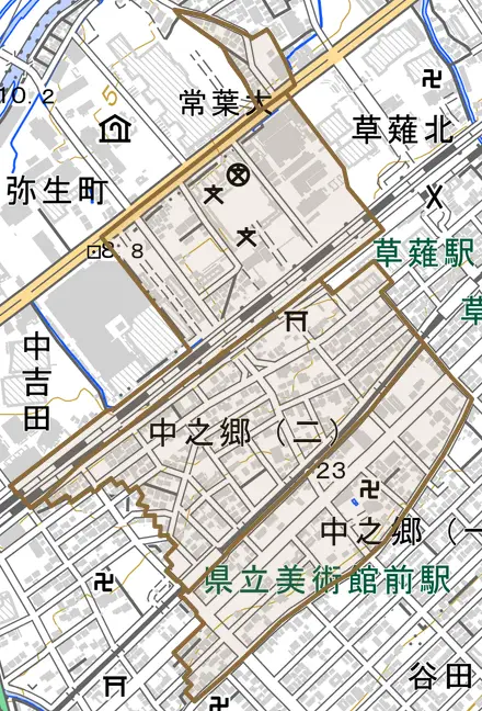 中之郷とその周辺の地図。町の範囲を重ねている