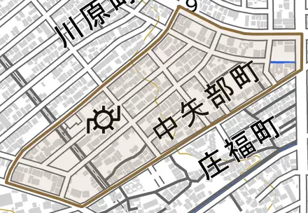 中矢部町とその周辺の地図。町の範囲を重ねている