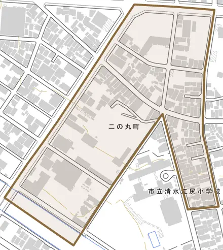二の丸町とその周辺の地図。町の範囲を重ねている