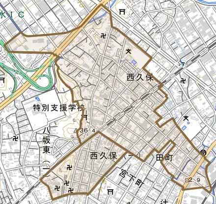 西久保とその周辺の地図。町の範囲を重ねている