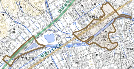 能島とその周辺の地図。町の範囲を重ねている
