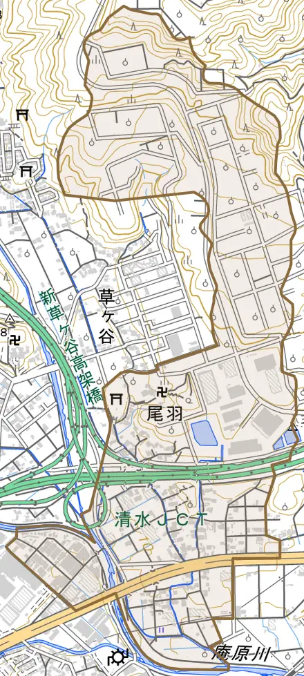 尾羽とその周辺の地図。町の範囲を重ねている