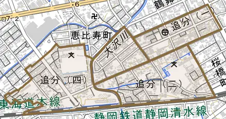 追分とその周辺の地図。町の範囲を重ねている