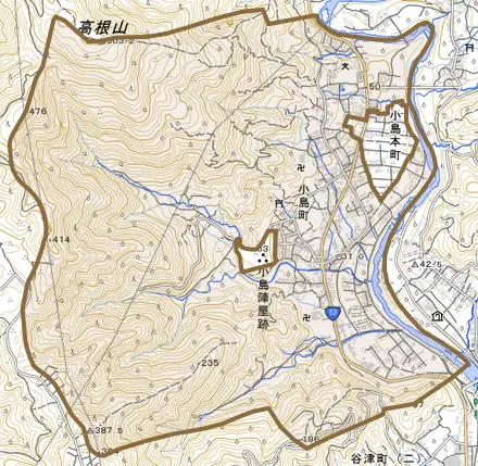 小島町とその周辺の地図。町の範囲を重ねている