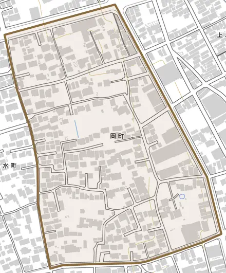 岡町とその周辺の地図。町の範囲を重ねている