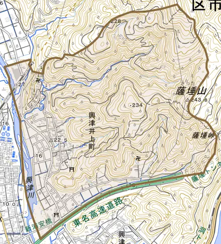 興津井上町とその周辺の地図。町の範囲を重ねている