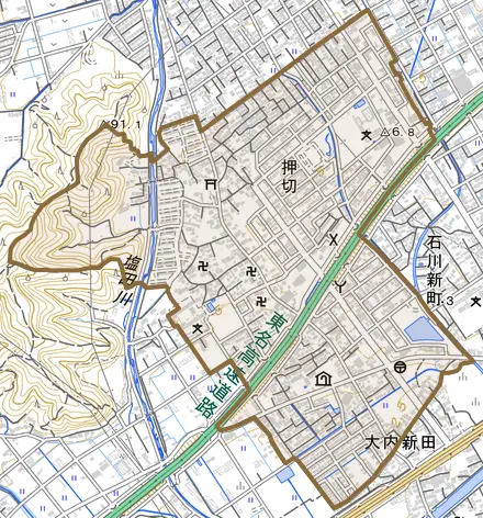 押切とその周辺の地図。町の範囲を重ねている