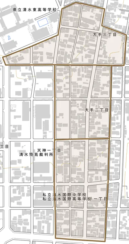 大手とその周辺の地図。町の範囲を重ねている