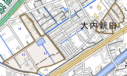 大内新田とその周辺の地図。町の範囲を重ねている