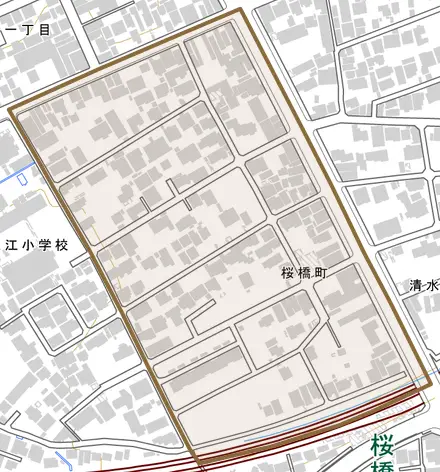 桜橋町とその周辺の地図。町の範囲を重ねている