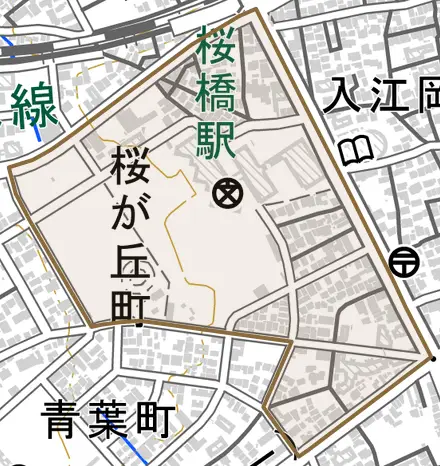 桜が丘町とその周辺の地図。町の範囲を重ねている