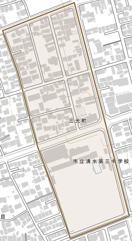 三光町とその周辺の地図。町の範囲を重ねている