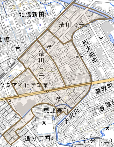 渋川とその周辺の地図。町の範囲を重ねている