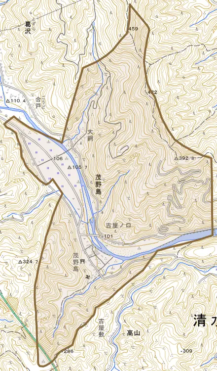 茂野島とその周辺の地図。町の範囲を重ねている