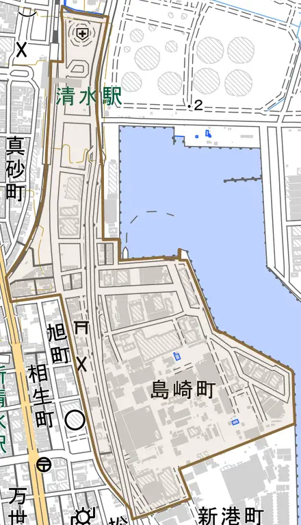 島崎町とその周辺の地図。町の範囲を重ねている