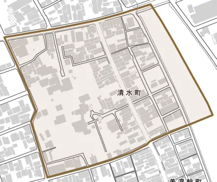 清水町とその周辺の地図。町の範囲を重ねている