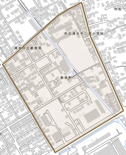 新緑町とその周辺の地図。町の範囲を重ねている
