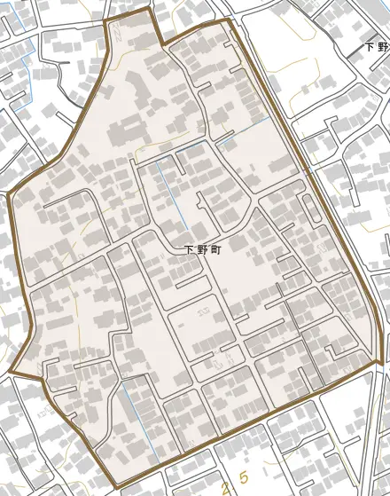 下野町とその周辺の地図。町の範囲を重ねている