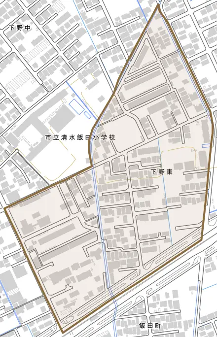 下野東とその周辺の地図。町の範囲を重ねている