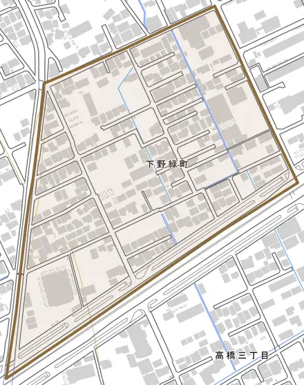 下野緑町とその周辺の地図。町の範囲を重ねている