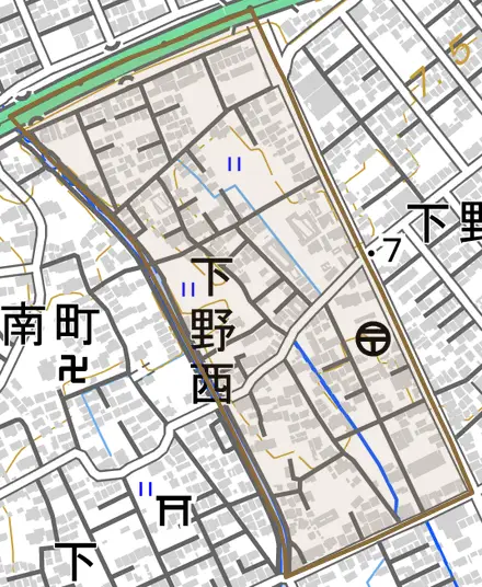 下野西とその周辺の地図。町の範囲を重ねている