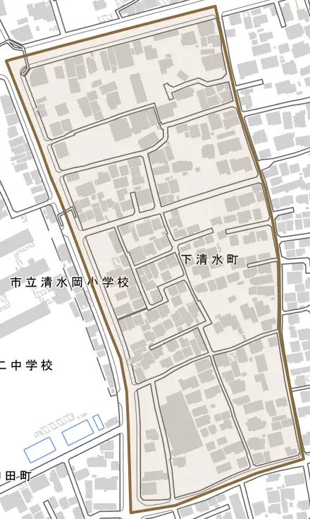 下清水町とその周辺の地図。町の範囲を重ねている