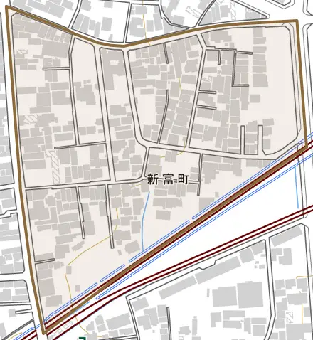 新富町とその周辺の地図。町の範囲を重ねている