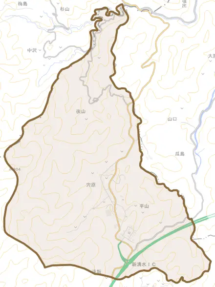 宍原とその周辺の地図。町の範囲を重ねている
