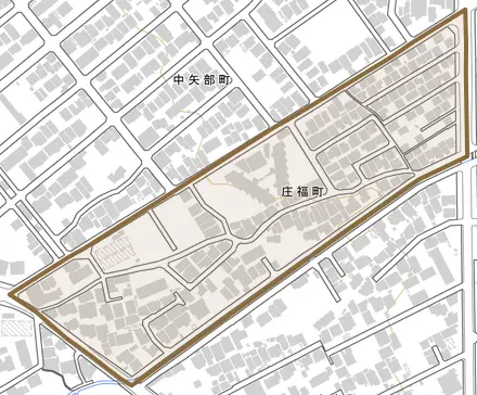 庄福町とその周辺の地図。町の範囲を重ねている