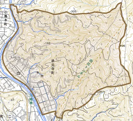 承元寺町とその周辺の地図。町の範囲を重ねている